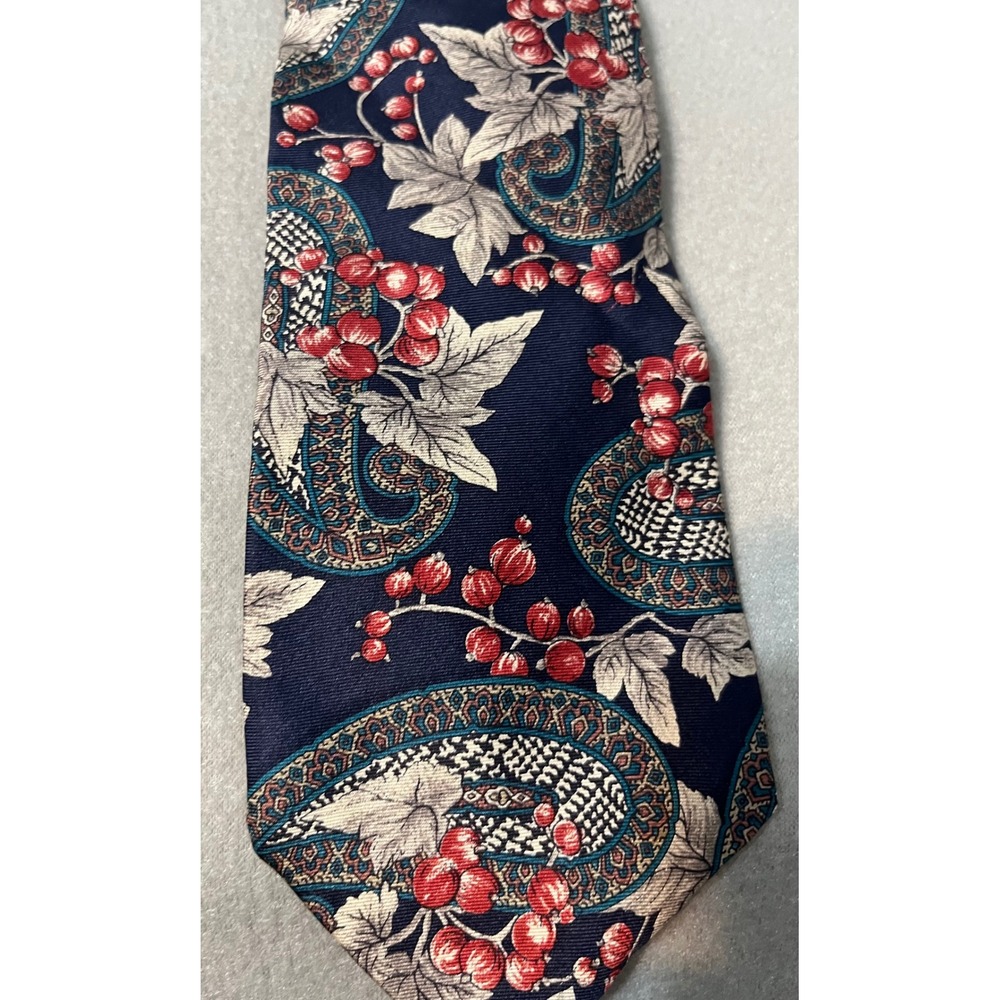 Don Loper Beverly Hills Italian Silk Necktie Paisley Floral Berry Navy